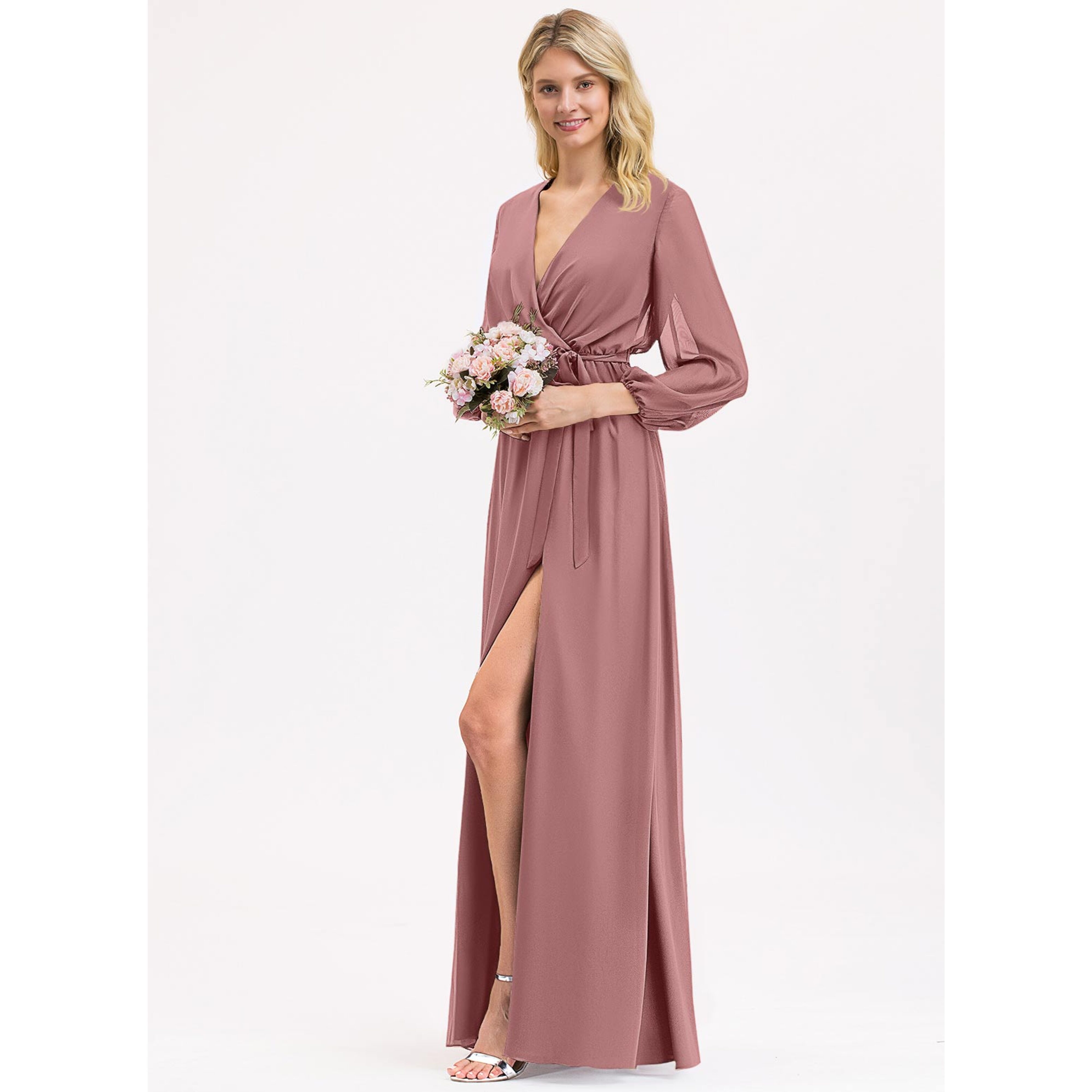 JJ's House A-line V-Neck Floor-Length Chiffon Bridesmaid Dress 2025 With Bow Pleated