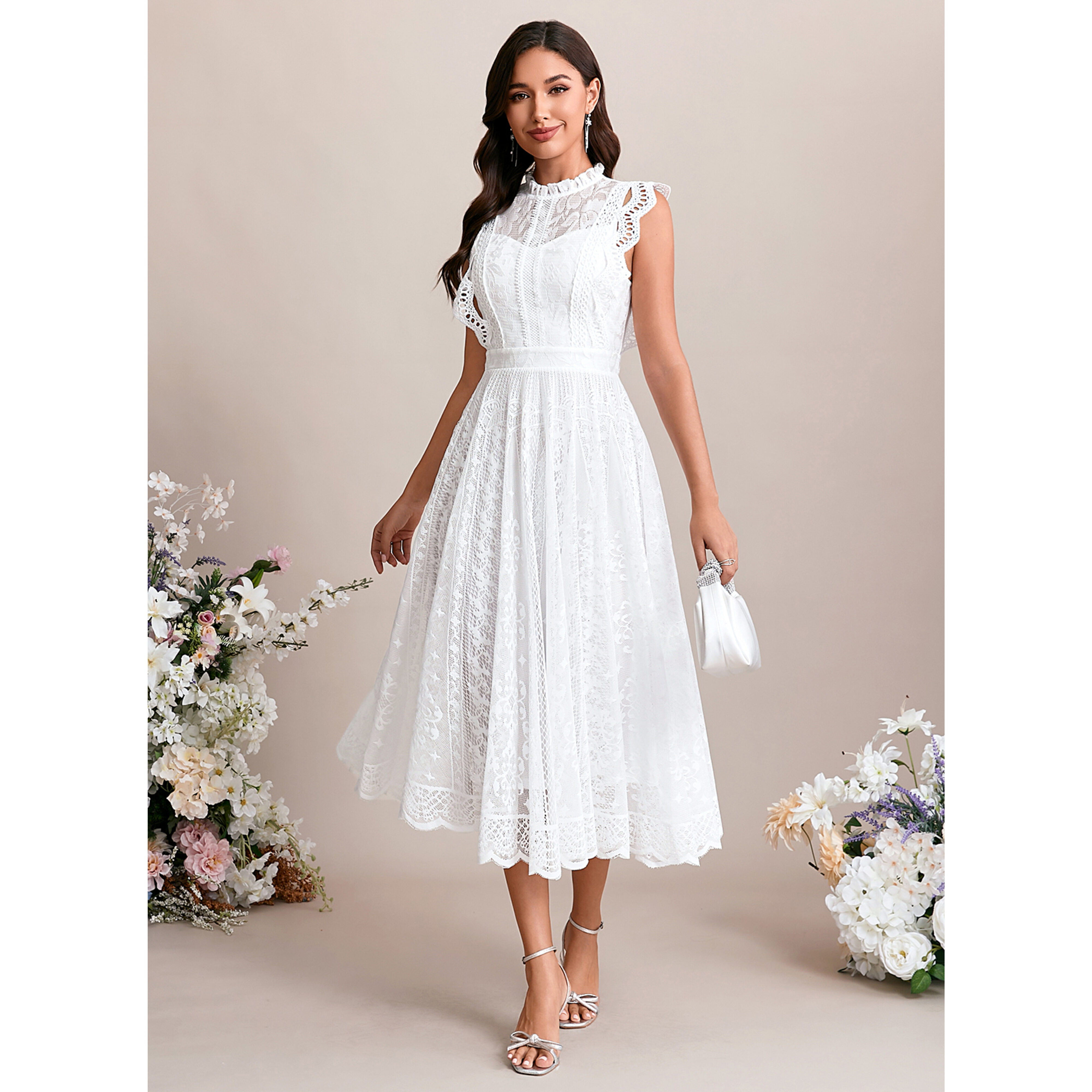 Hortencia High Neck Lace Midi Dress | JJ's House