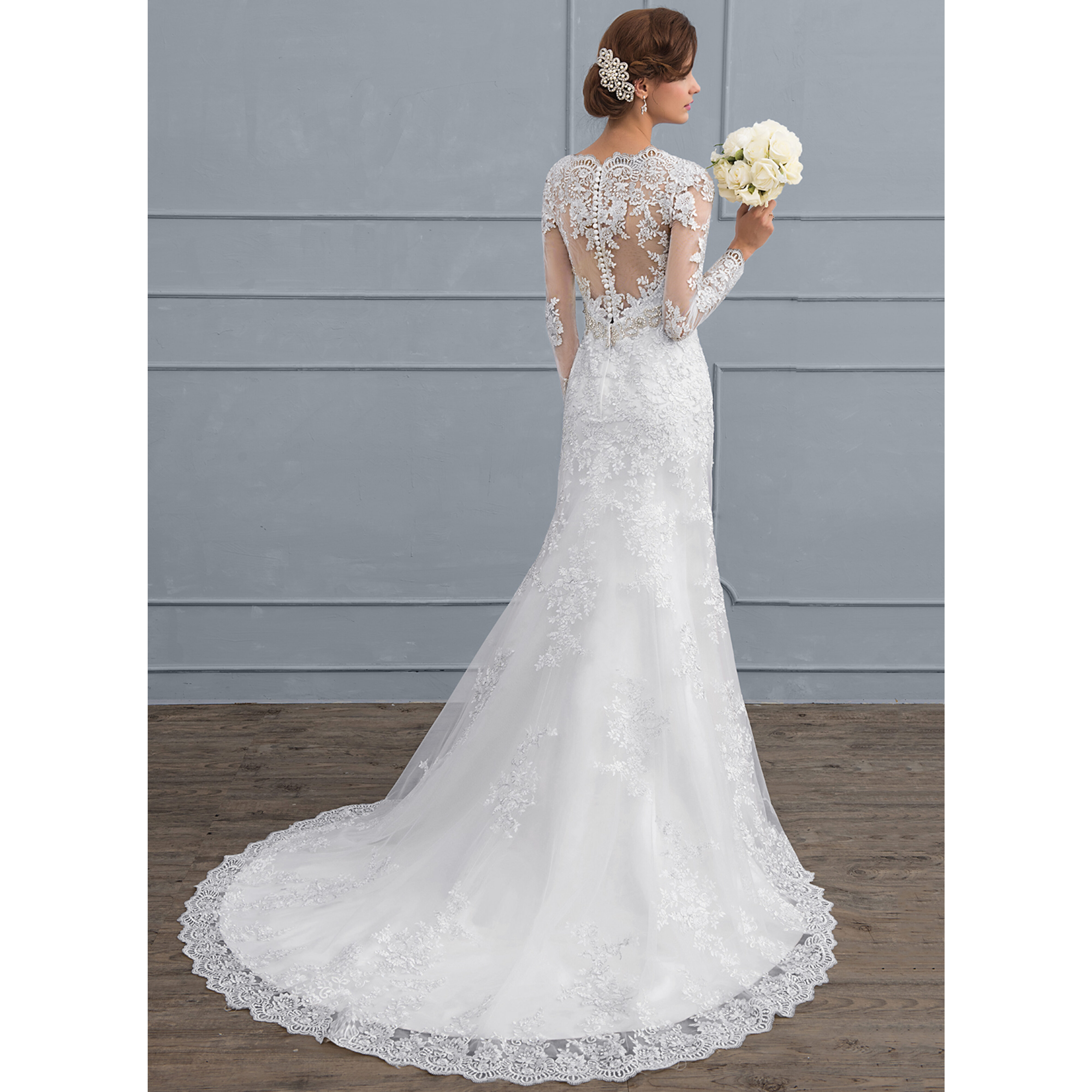 JJ's House Trumpet Mermaid V-Neck Court Train Lace Tulle Wedding Dress 2026