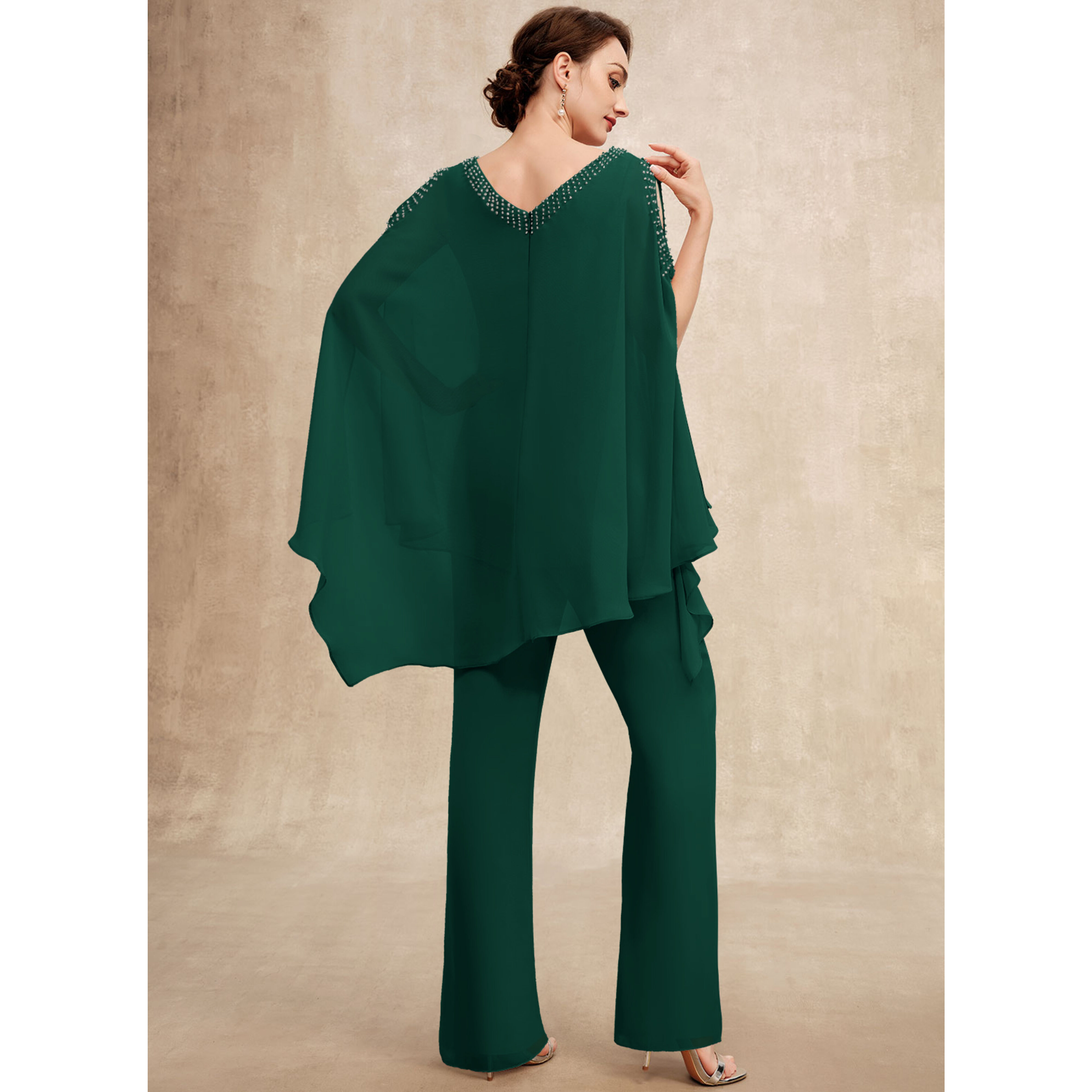 Hestia V-Neck Cape Chiffon Mother of the Bride Pantsuit | JJ's House