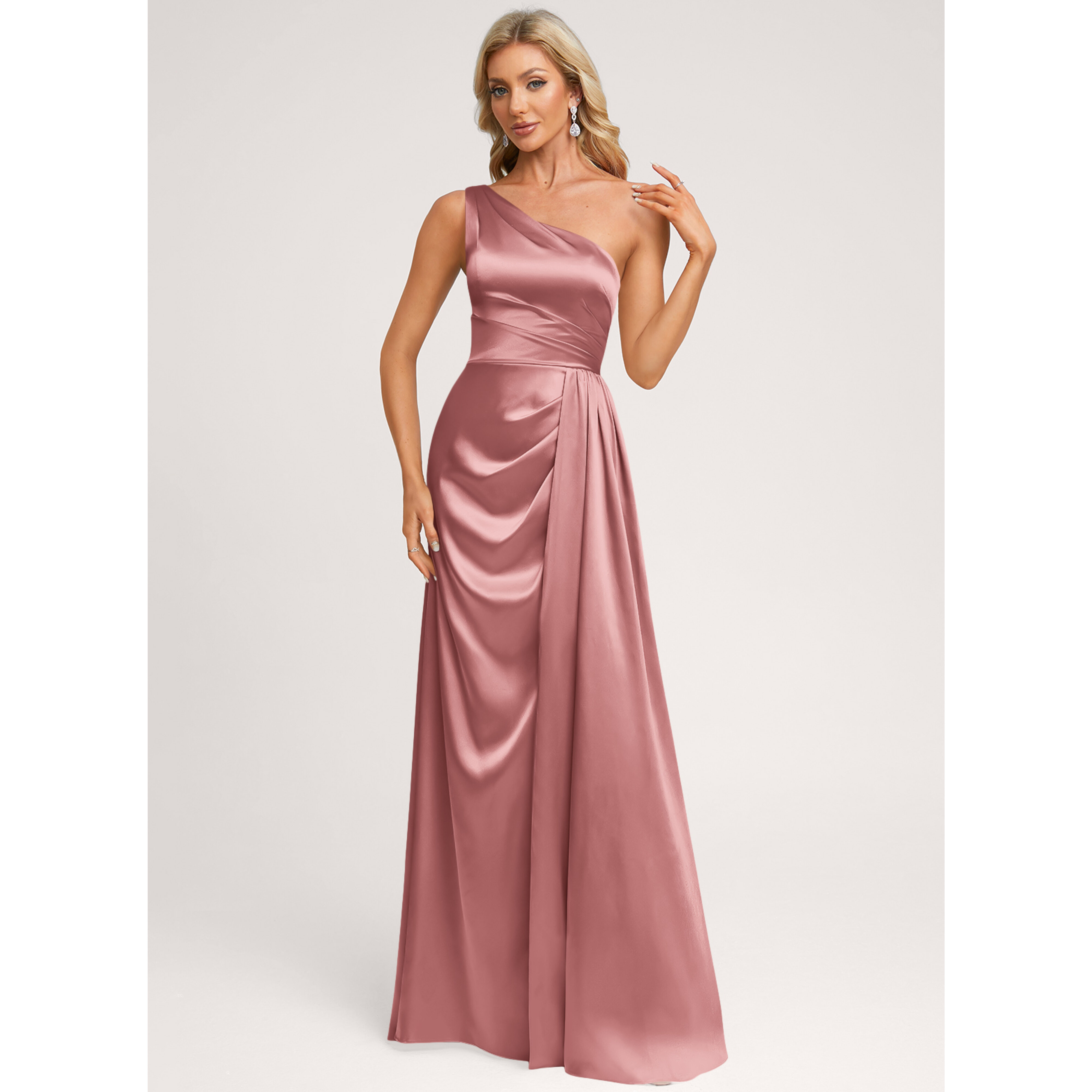 Hedda A-line One Shoulder Ruffle Stretch Satin Bridesmaid Dress | JJ's House