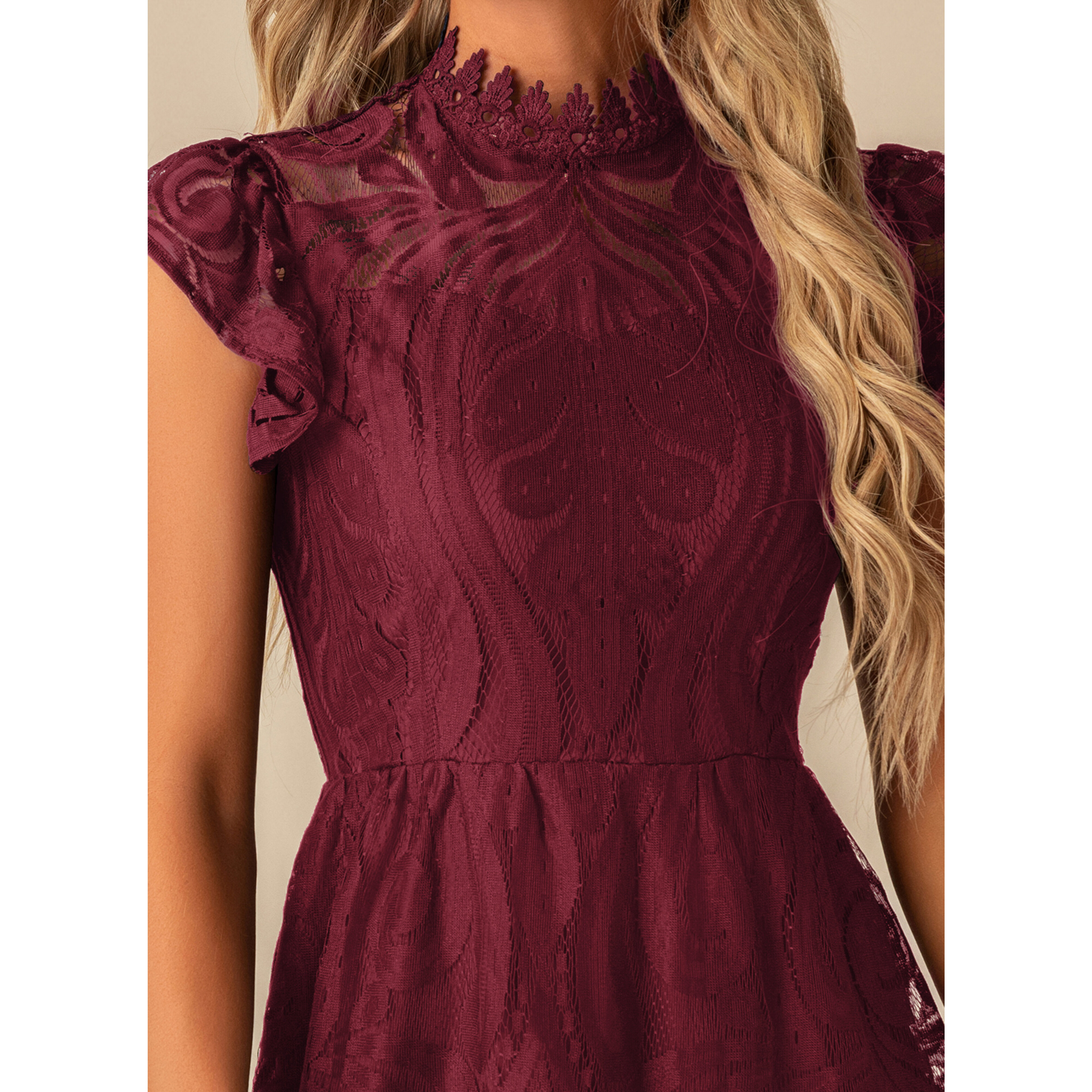 JJ's House A-line Illusion High Neck Tea-Length Lace Cocktail Dress 2026 - Size: S, Burgundy, Red