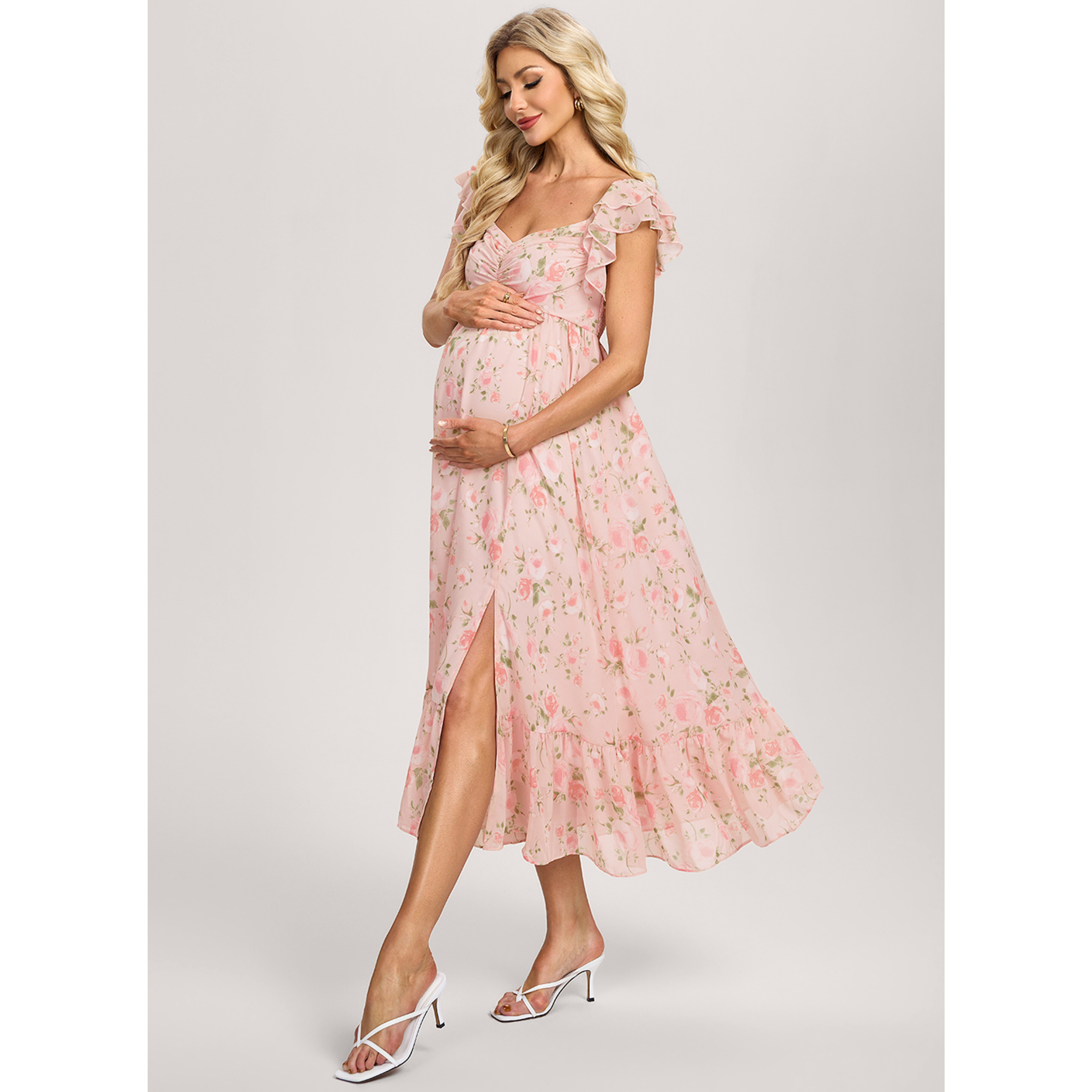 JJ's House A-line V-Neck Tea-Length Chiffon Printed Fabric Maternity Dress 2026 With Ruffle Floral Print Smocked - Size: L, Pink JJ's House A-line V-Neck Tea-Length Chiffon Printed Fabric Maternity Dress 2026 With Ruffle Floral Print Smocked - Size: L, Pink