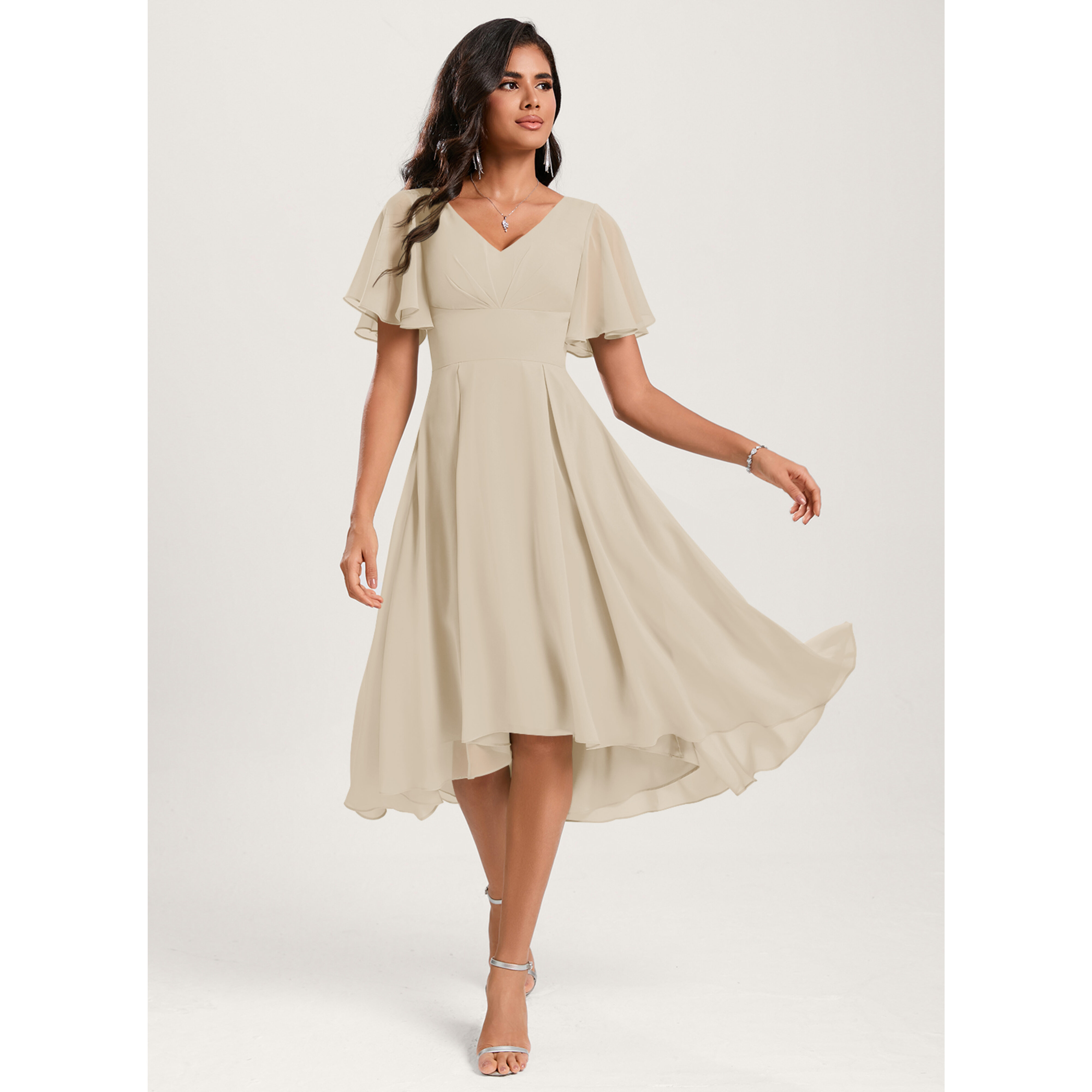 JJ's House A-line V-Neck Asymmetrical Chiffon Bridesmaid Dress 2025 With Ruffle - Size: 26, Champagne, Neutral. Plus Size Available.
