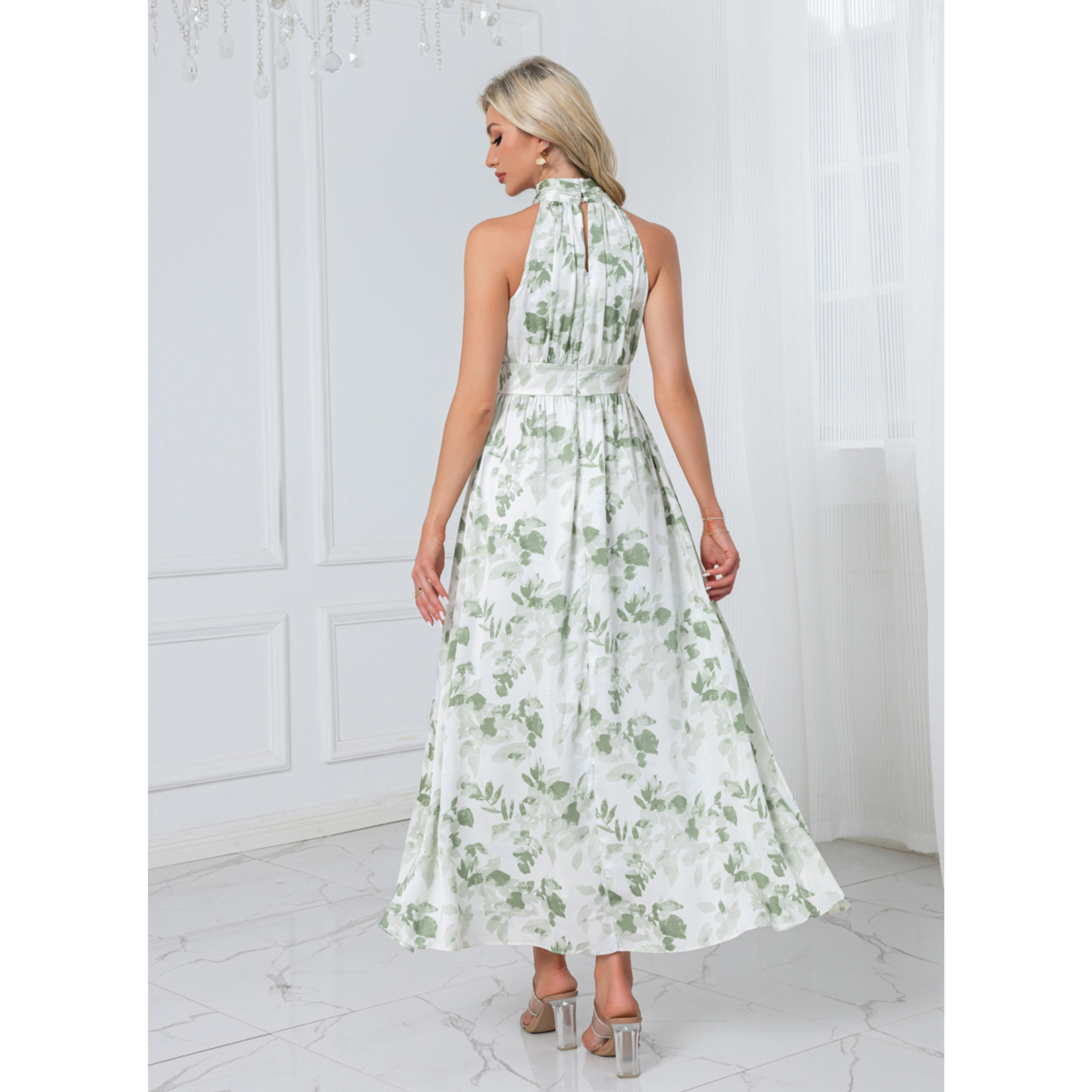 Janelis Halter Floral Print Chiffon Midi Dress | JJ's House