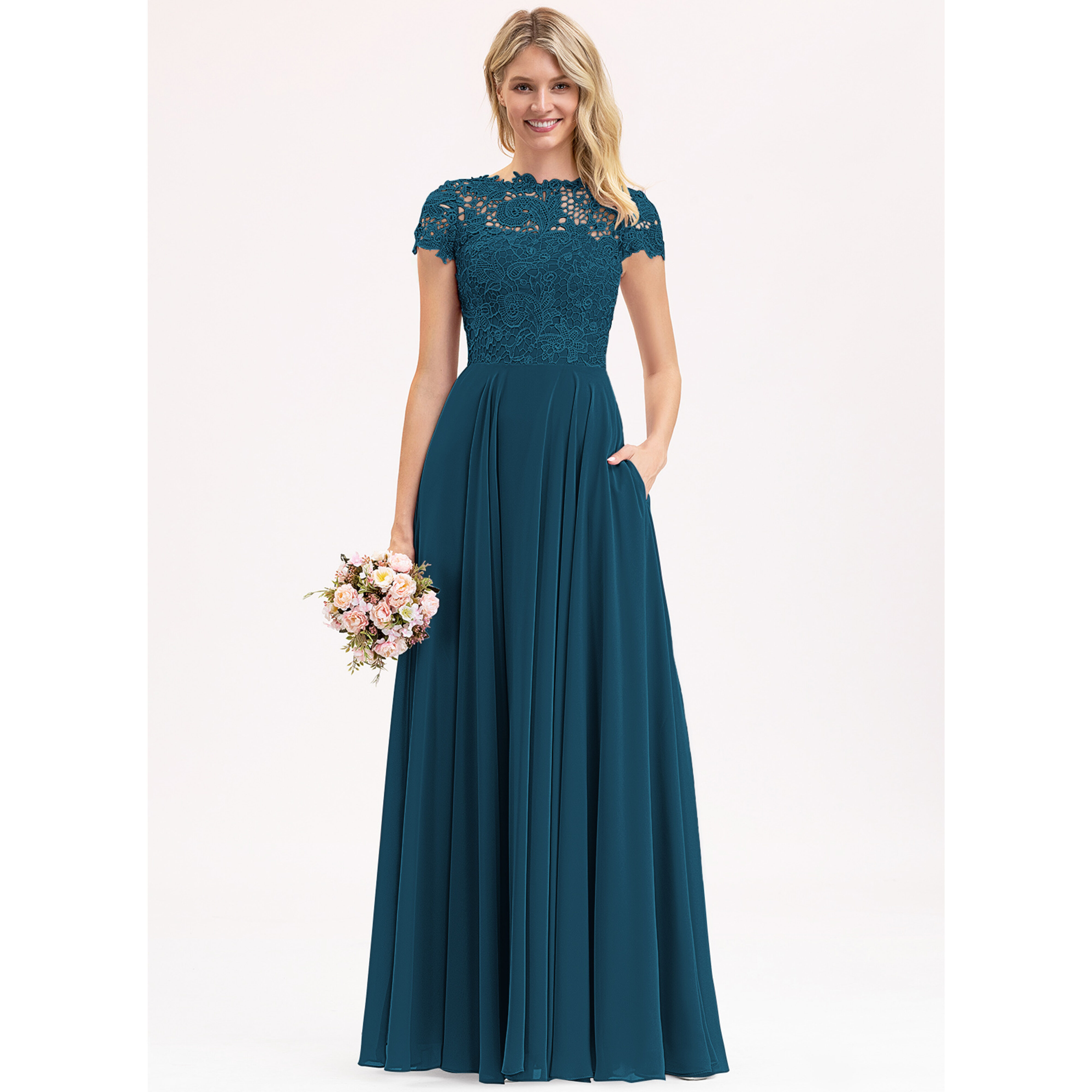 JJ's House A-line Scoop Floor-Length Chiffon Lace Bridesmaid Dress 2025 - Size: 02, Navy Blue JJ's House A-line Scoop Floor-Length Chiffon Lace Bridesmaid Dress 2025 - Size: 02, Navy Blue