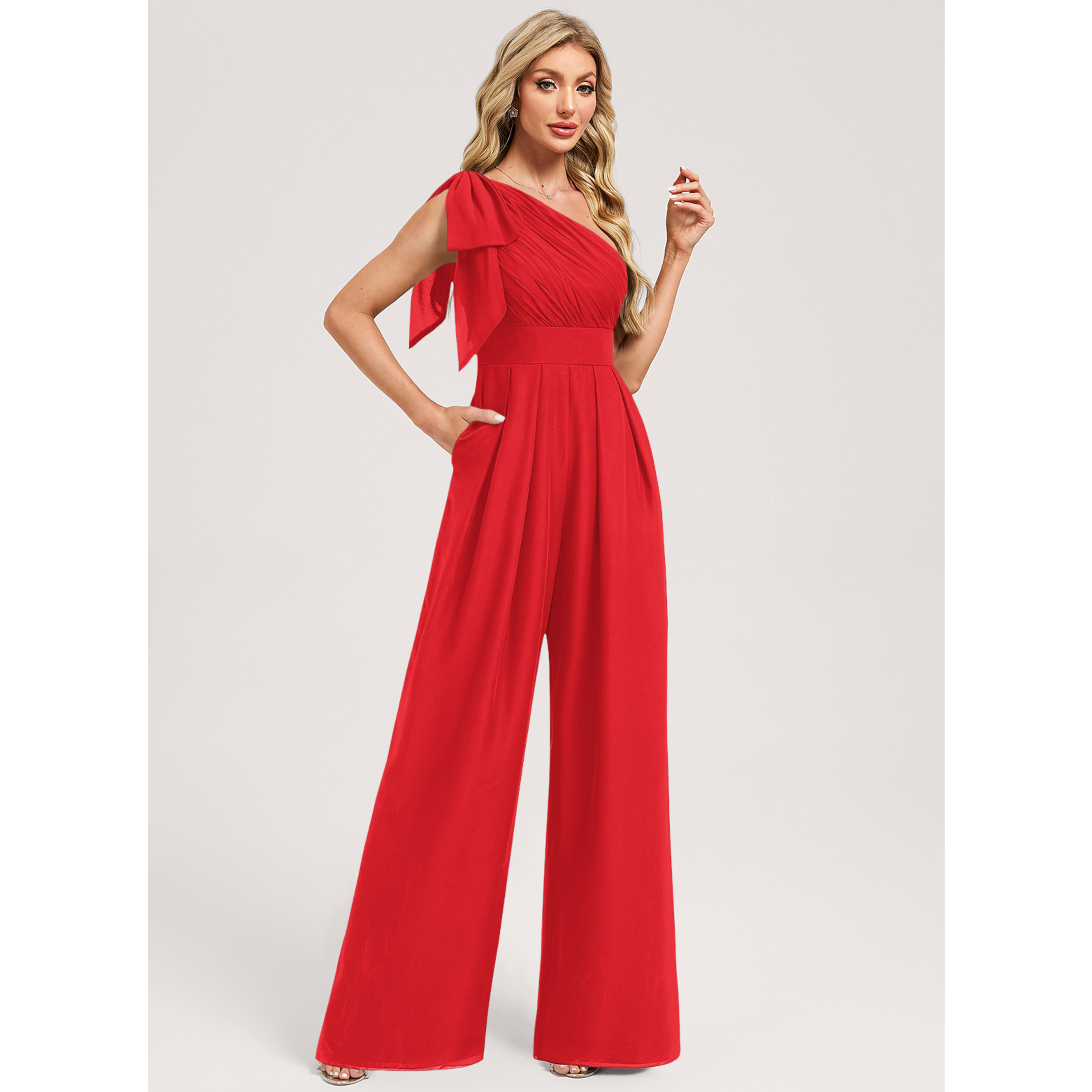 Lachelle One Shoulder Chiffon Bridesmaid Jumpsuit | JJ's House