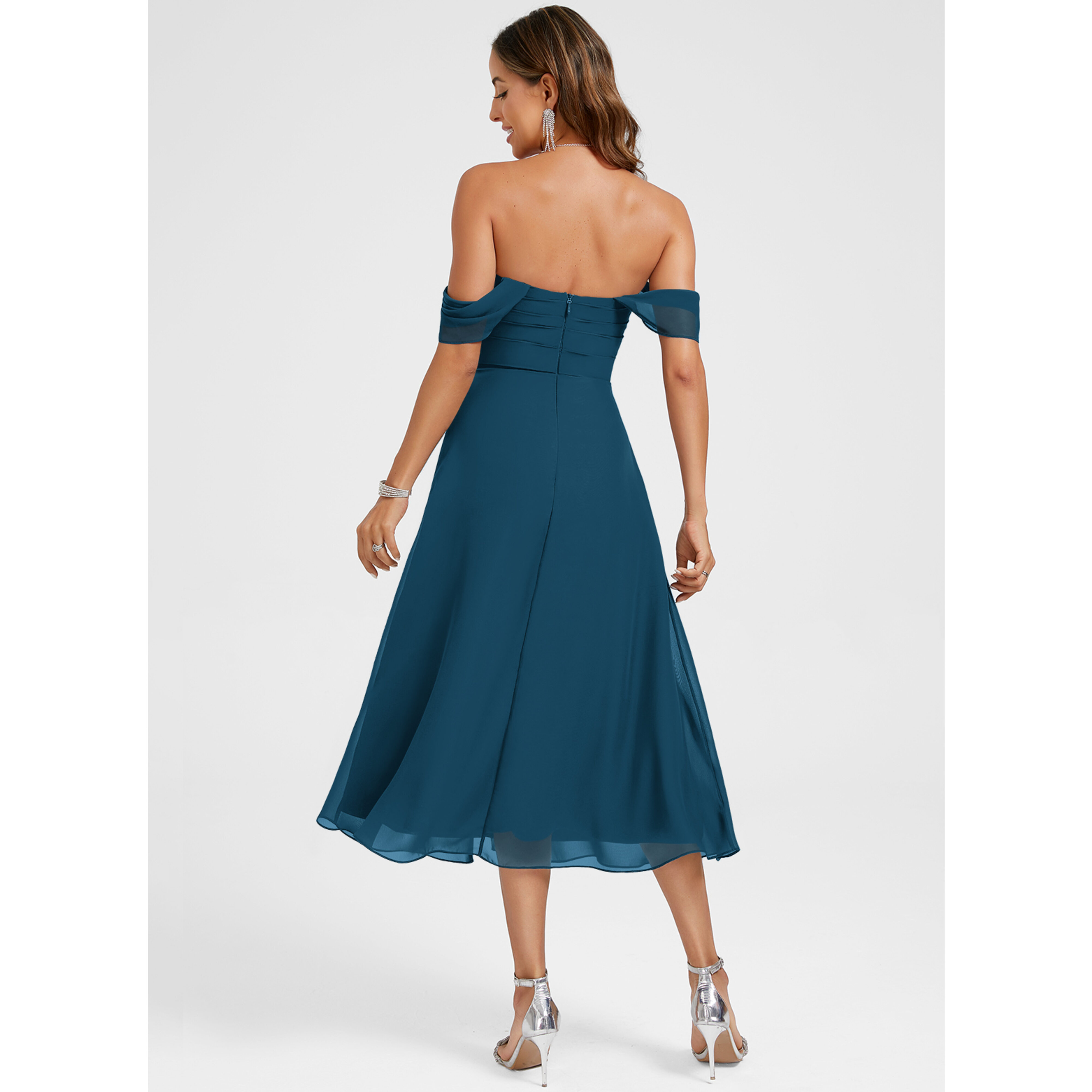 JJ's House A-line Off the Shoulder Tea-Length Chiffon Cocktail Dress 2026 With Ruffle - Size: 22, Ink Blue. Plus Size Available.