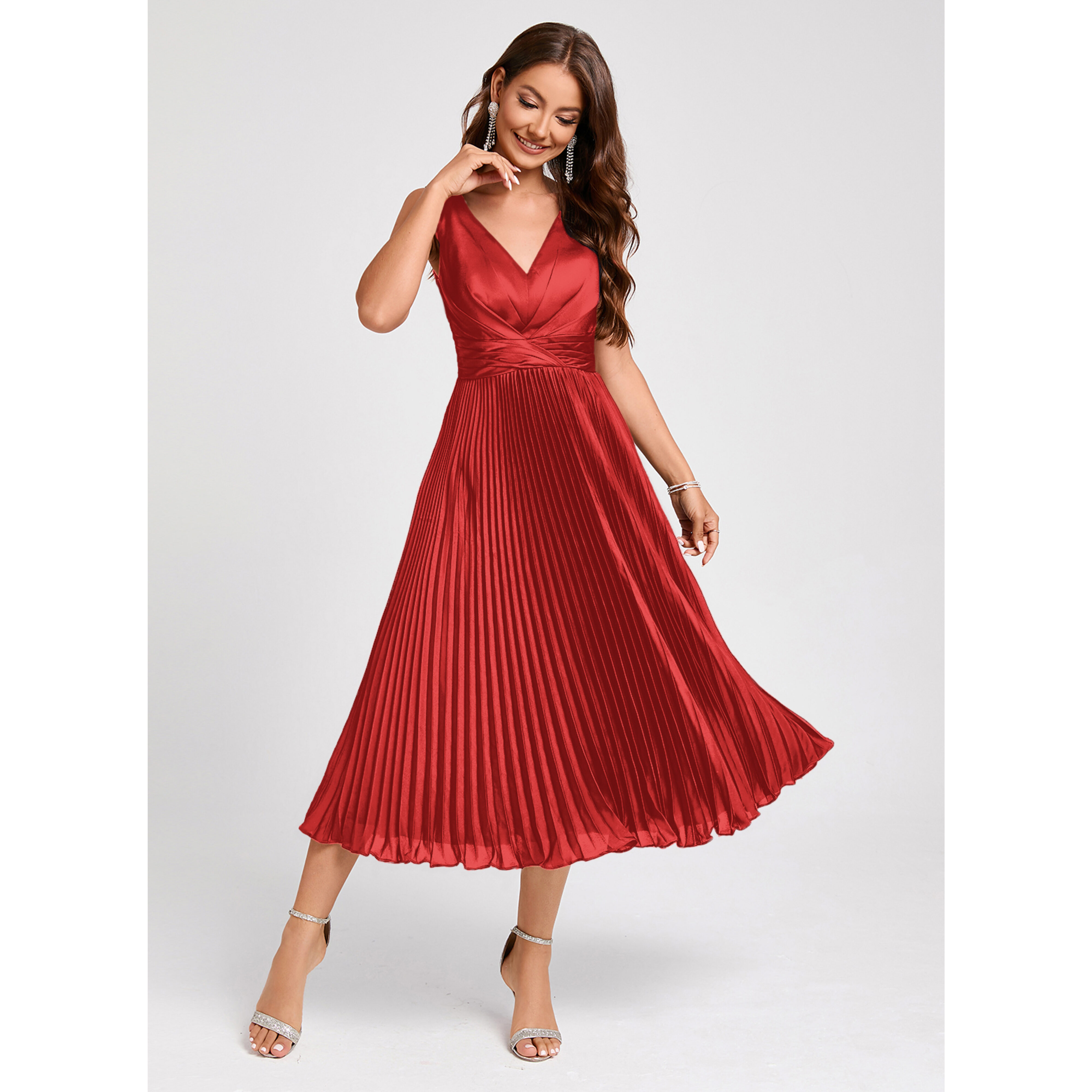 pleated cocktail dress Piano Pleat Midi 1950's sleeveless elegant backless sexy pleated cocktail red Midi dress- Florenci M main image 1