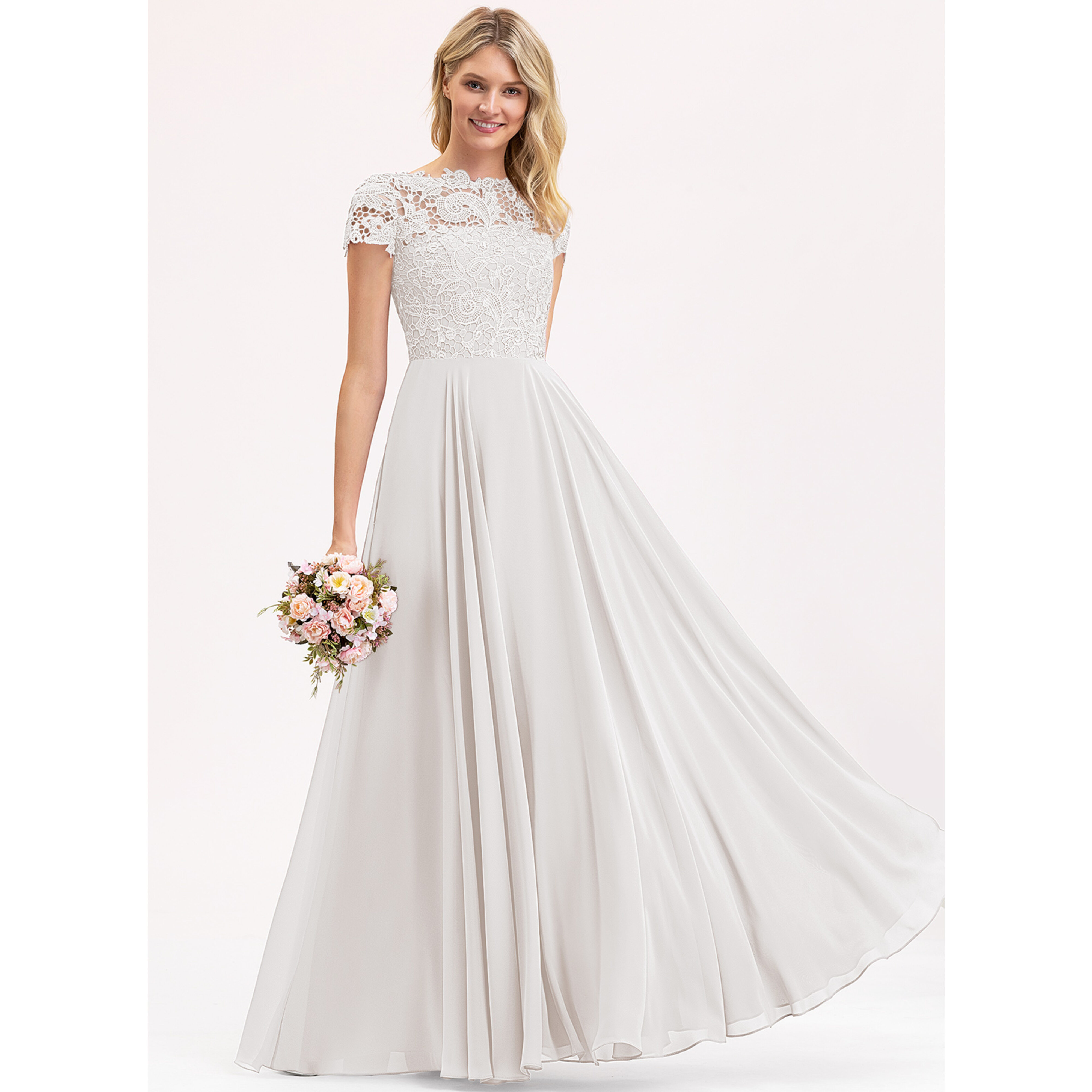 lace detail bridesmaid dresses Pink Flutter Sleeves V-neck Lace A-line Long Bridesmaid Dress main image 1