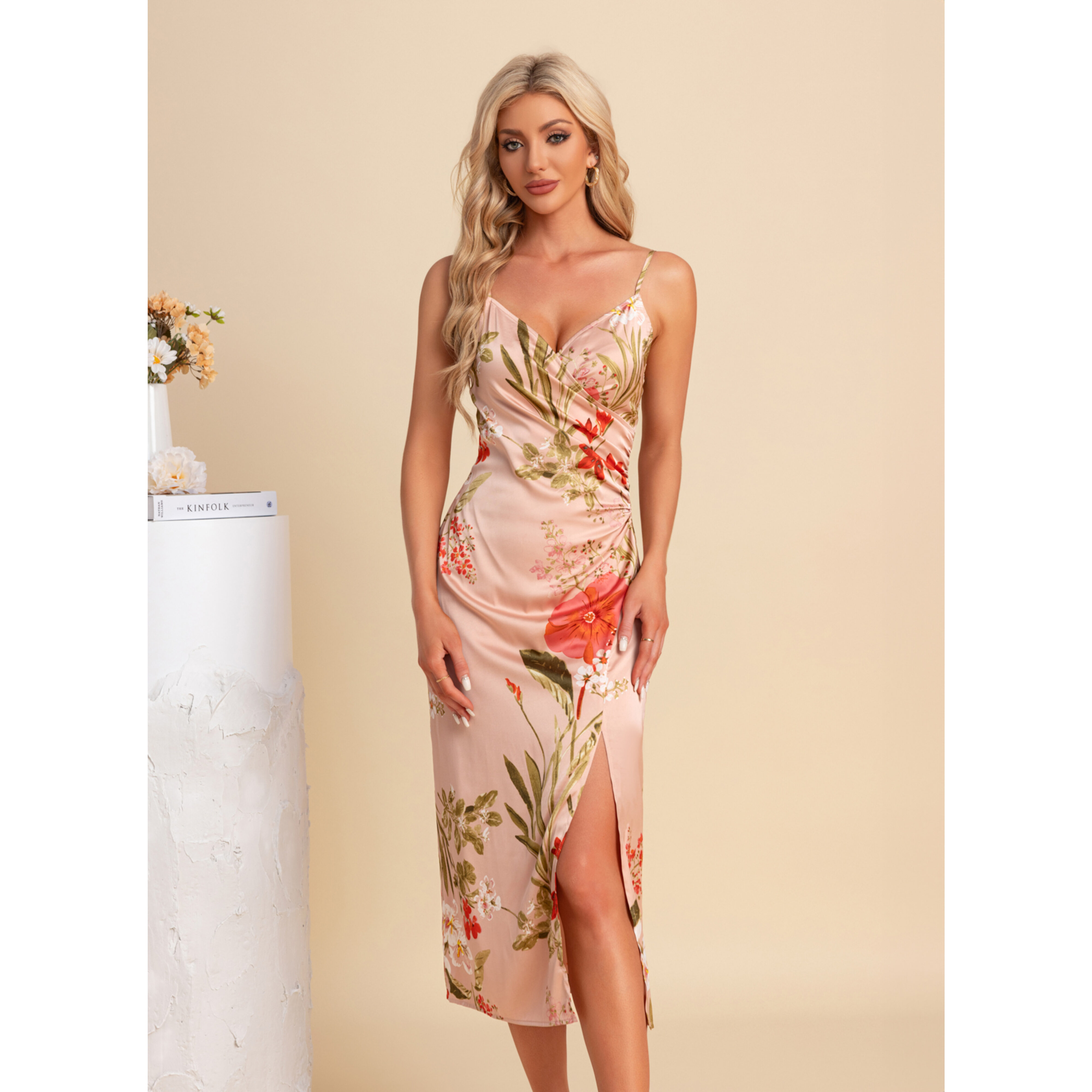 JJ's House Ruched Floral Print V-Neck Spaghetti Straps Sheath Column Satin Midi Dress 2026 - Size: XXL, Pink. Plus Size Available.