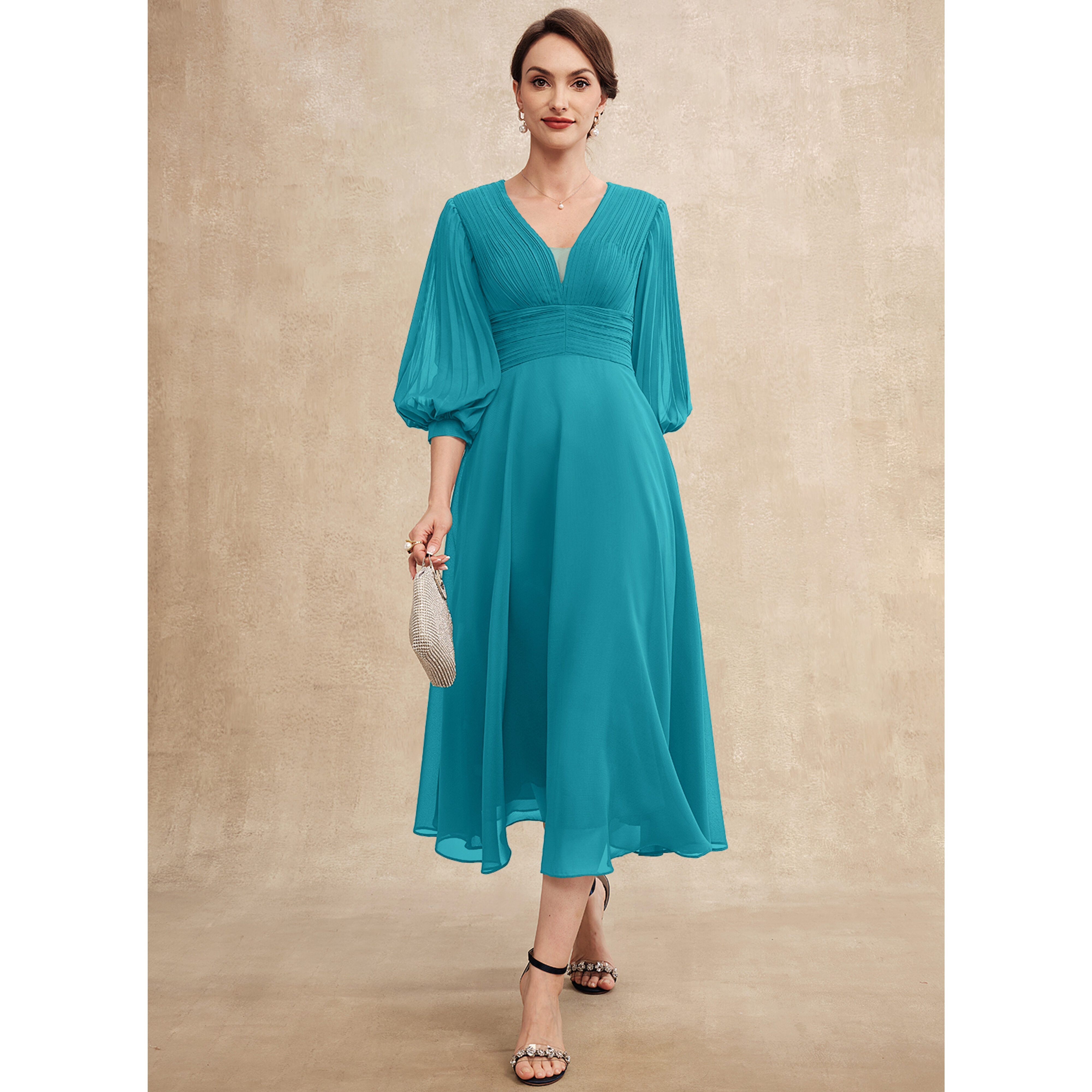 Mekella A-line V-Neck Pleated Chiffon Mother of the Bride Dress