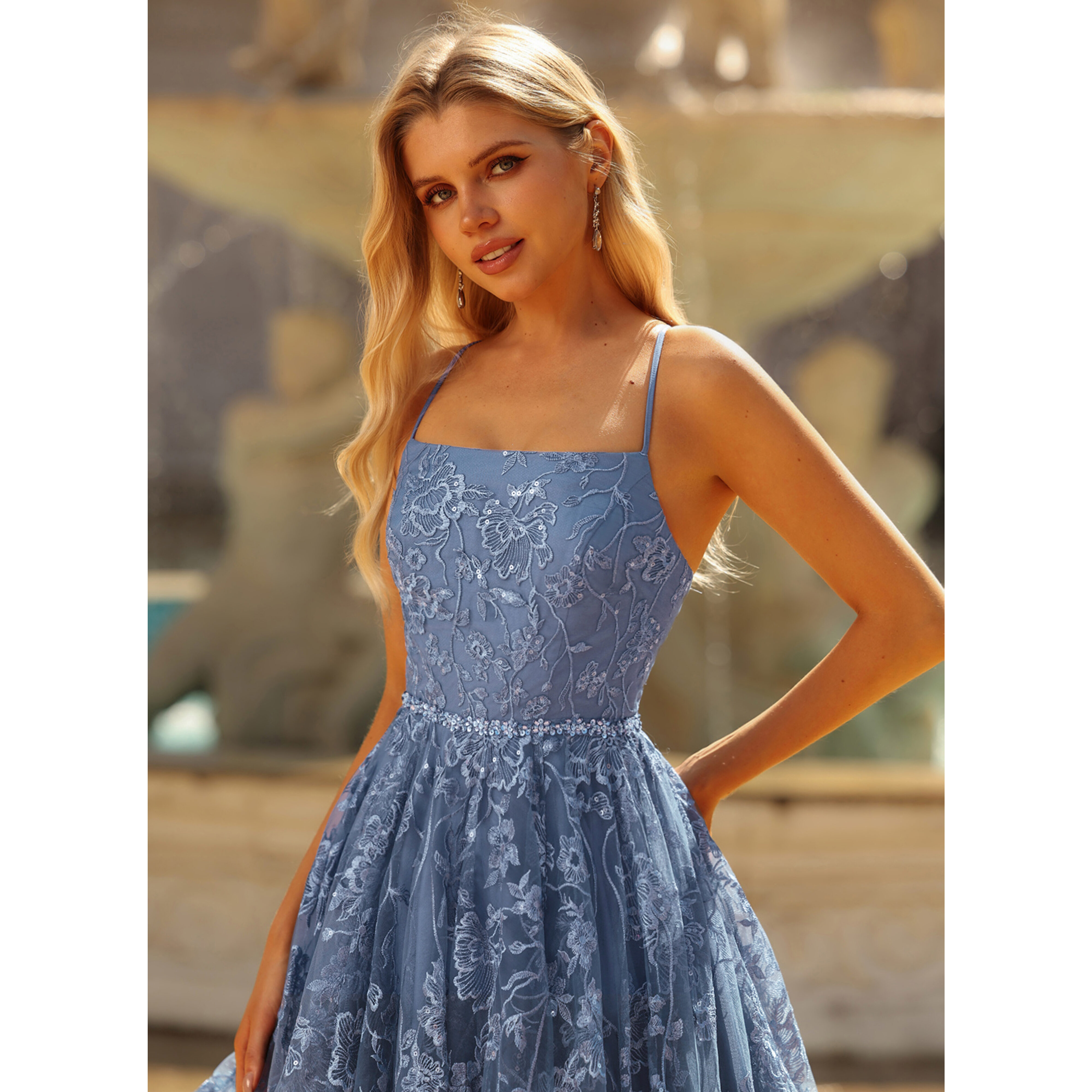 JJ's House Ball-Gown Princess Straight Floor-Length Lace Prom Dress 2026 With Beading - Size: 06, Slate Blue