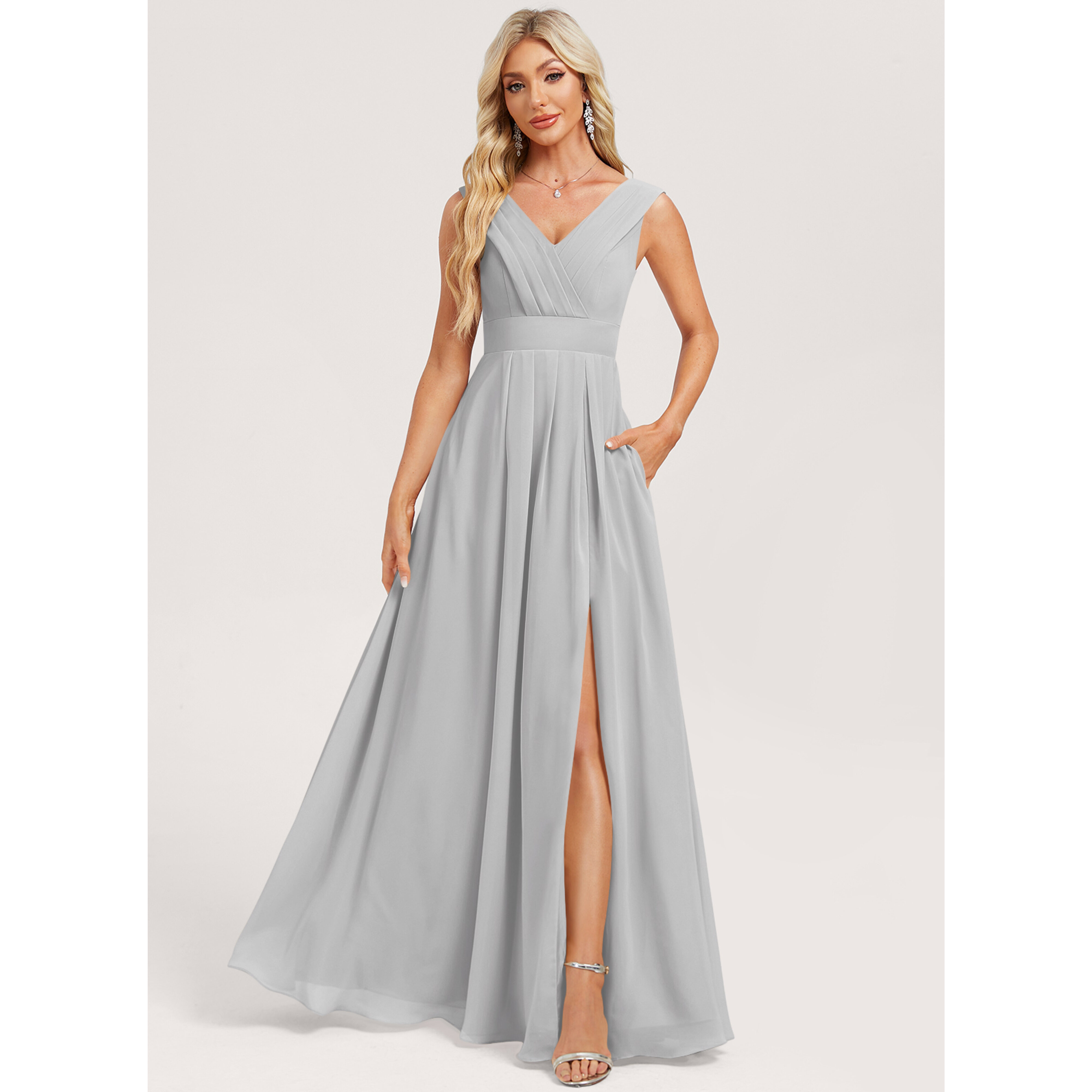 JJ's House A-line V-Neck Floor-Length Chiffon Bridesmaid Dress 2026 - Size: 4.5, Champagne, Neutral