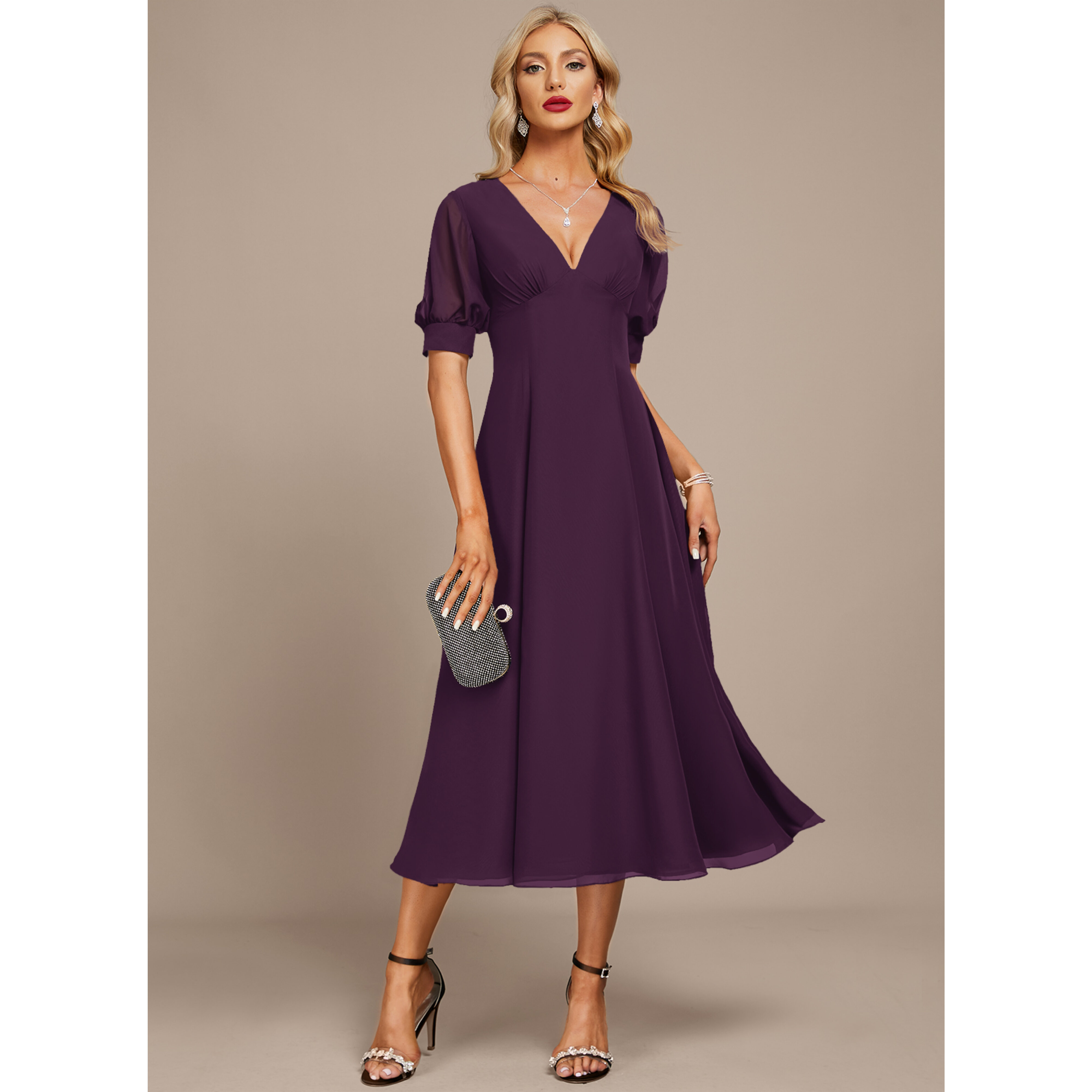 Wioletta Pleated Chiffon Midi Evening Dress | JJ's House