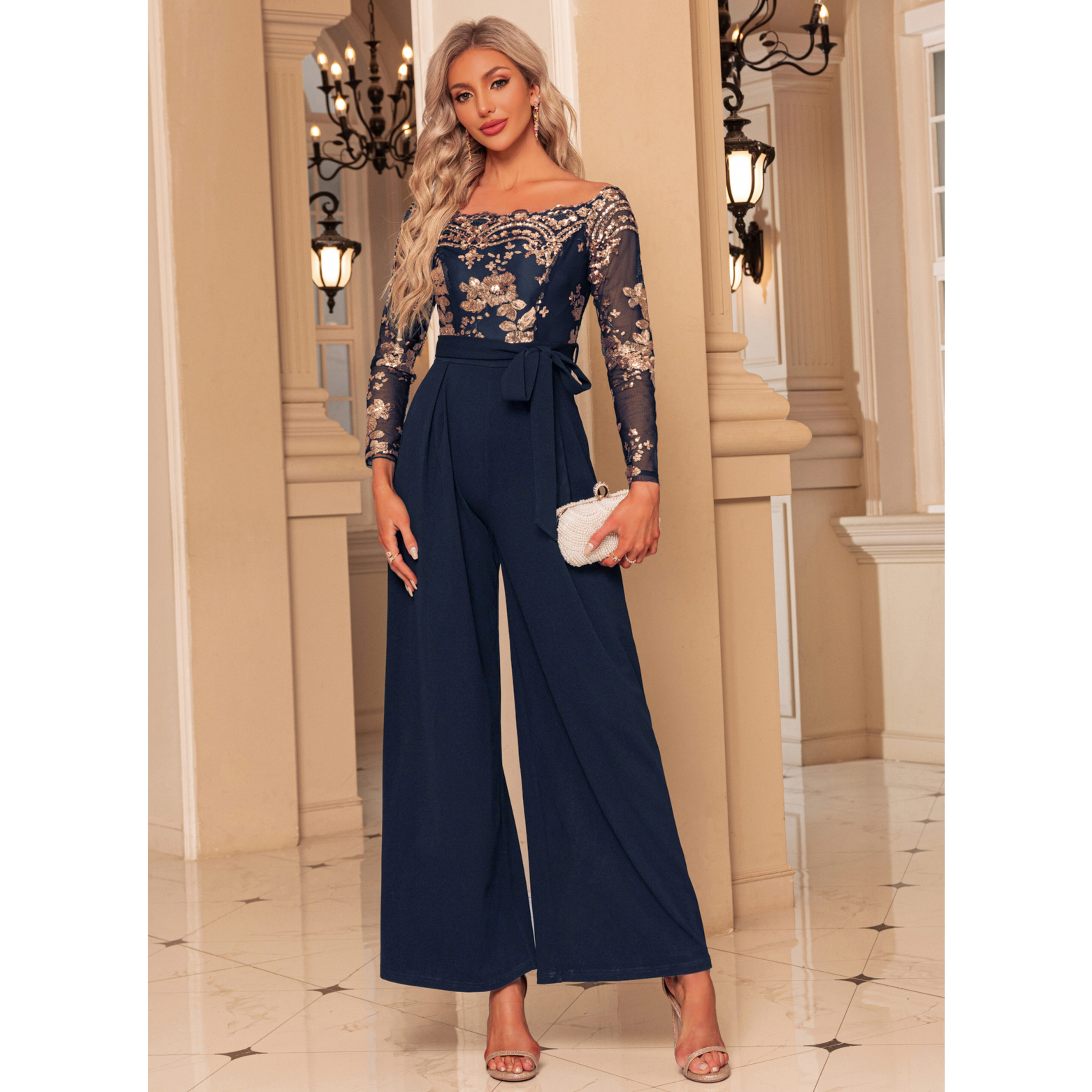 Gracia Off the Shoulder Sequin Maxi Jumpsuit | JJ's House