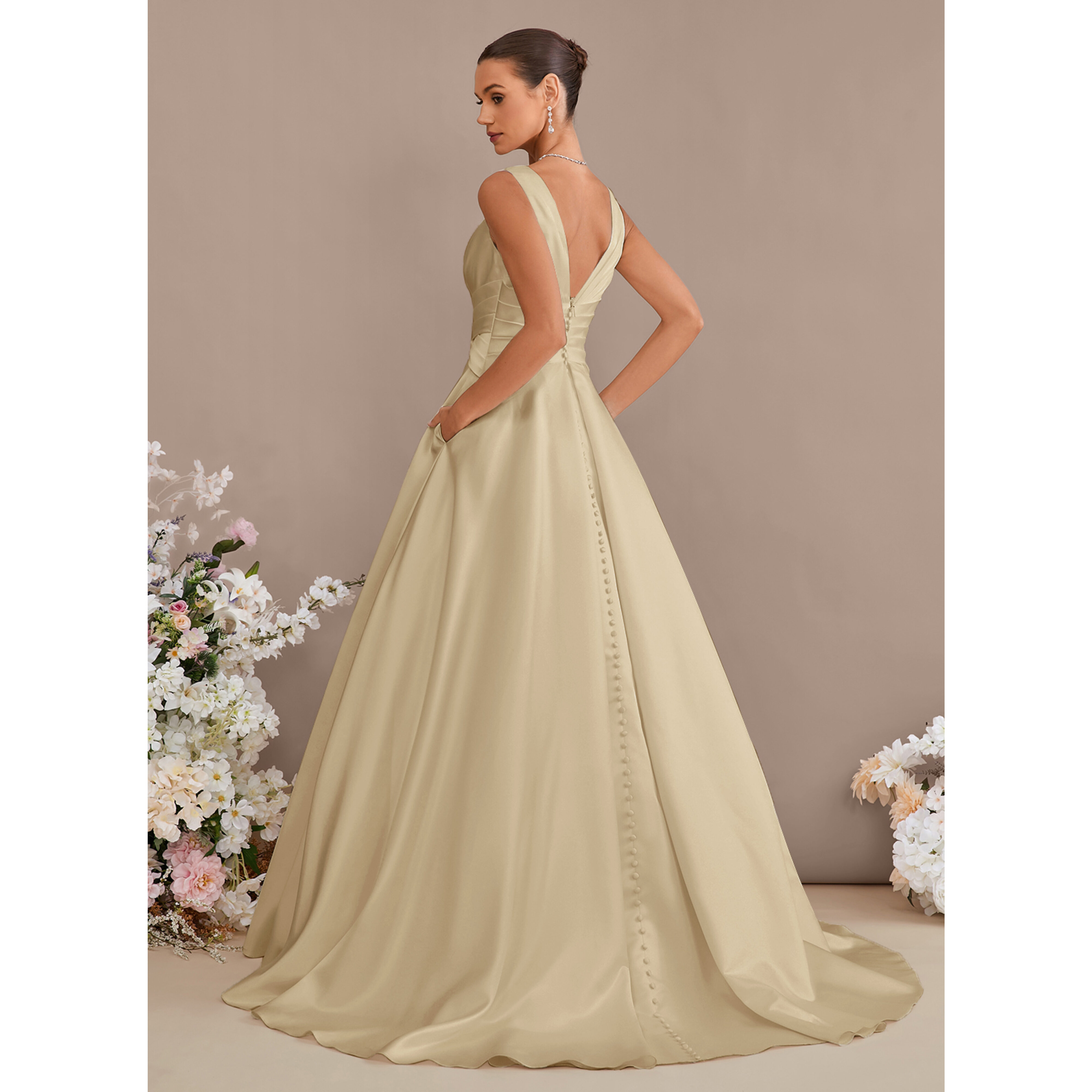 JJ's House A-line V-Neck Sweep Train Satin Wedding Dress 2026 - Size: 22, Champagne, Neutral. Available in Regular, Petite & Plus Size. JJ's House A-line V-Neck Sweep Train Satin Wedding Dress 2026 - Size: 22, Champagne, Neutral. Available in Regular, Petite & Plus Size.