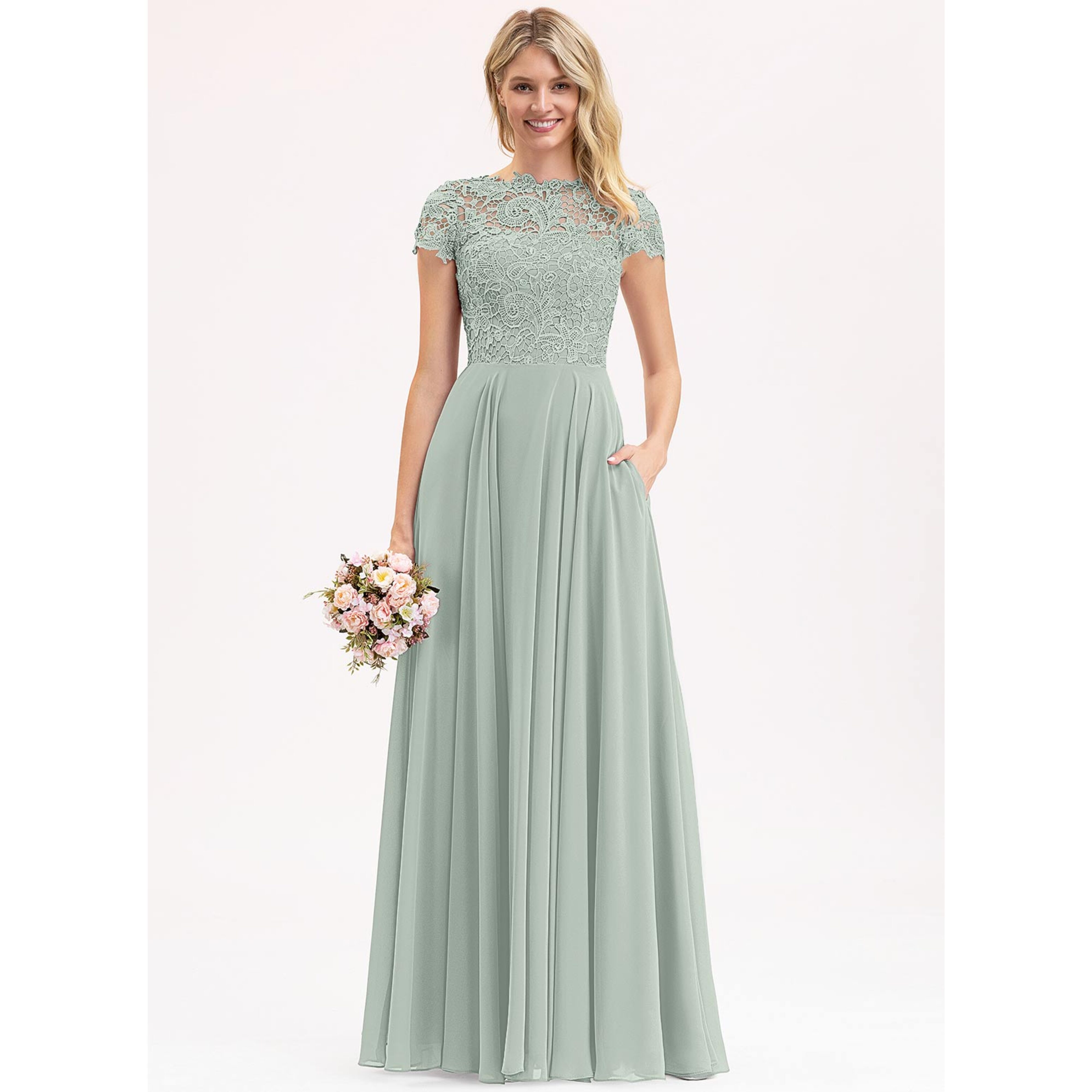 jjshouse lace bridesmaid dress JJ's House A-line Scoop Floor-Length Chiffon 2026 This stunning wedding dress colour: long-3/4-sleeve-flower-printed-kimono Kate Heart Dress - Size-US:16