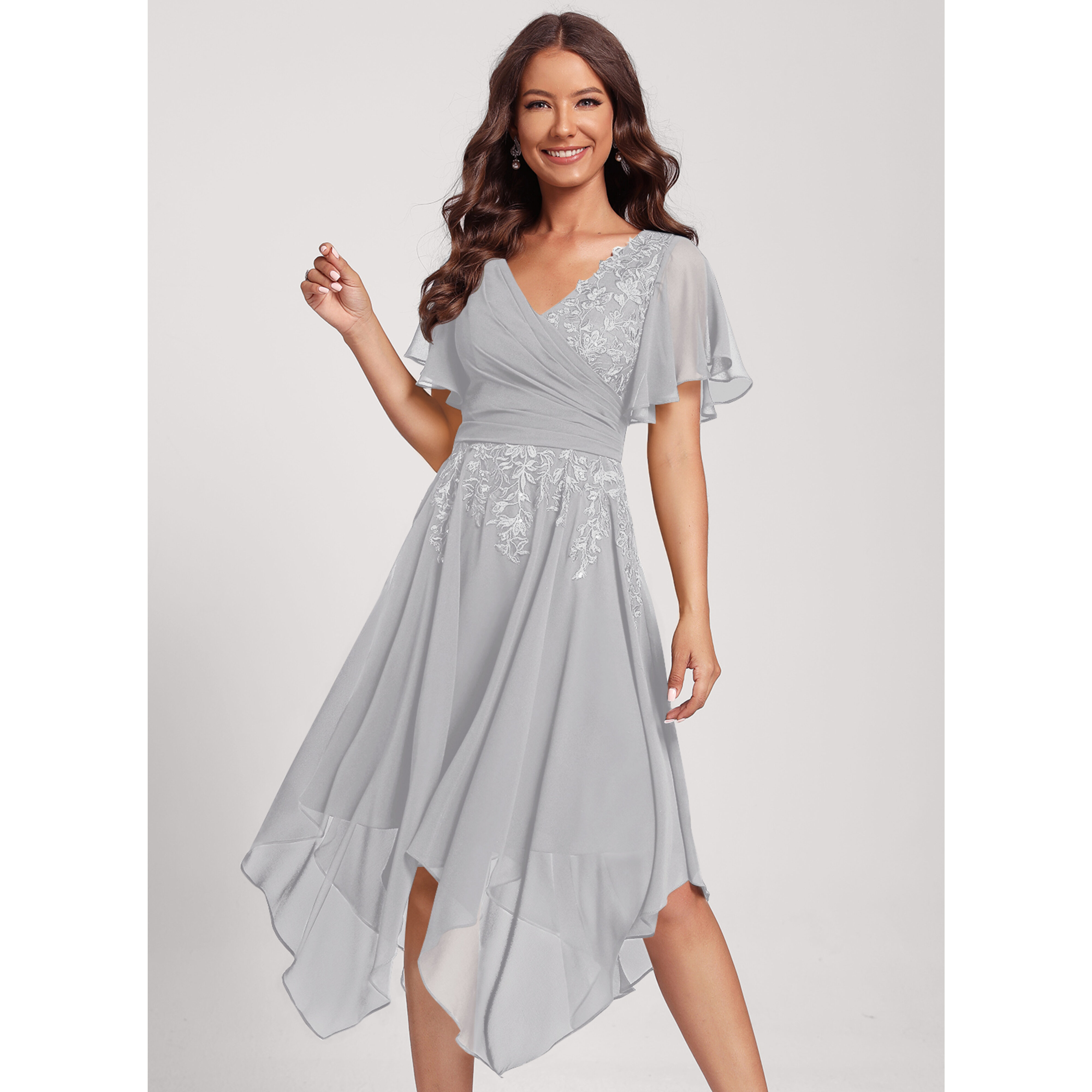 JJs Houseグレーシルバー オフショルダー フォーマルドレス Leesa Chiffon Midi Cocktail Dress | JJ's House