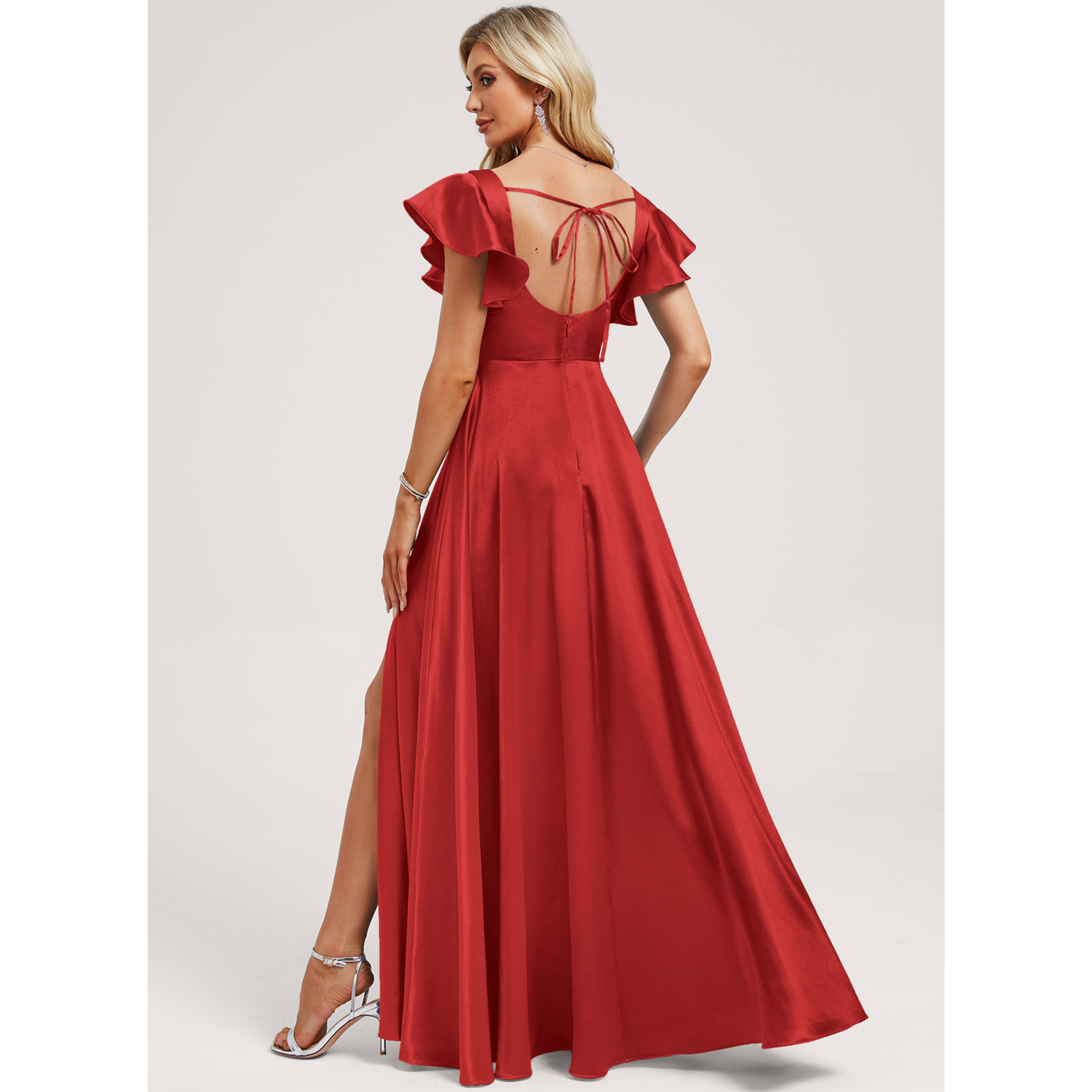 bobbin net plunging flange skirt bridesmaid dress Sky Blue Chiffon Ruffles Square Neck Column With Side Slit Ankle Lengt –  clover sew main image 1