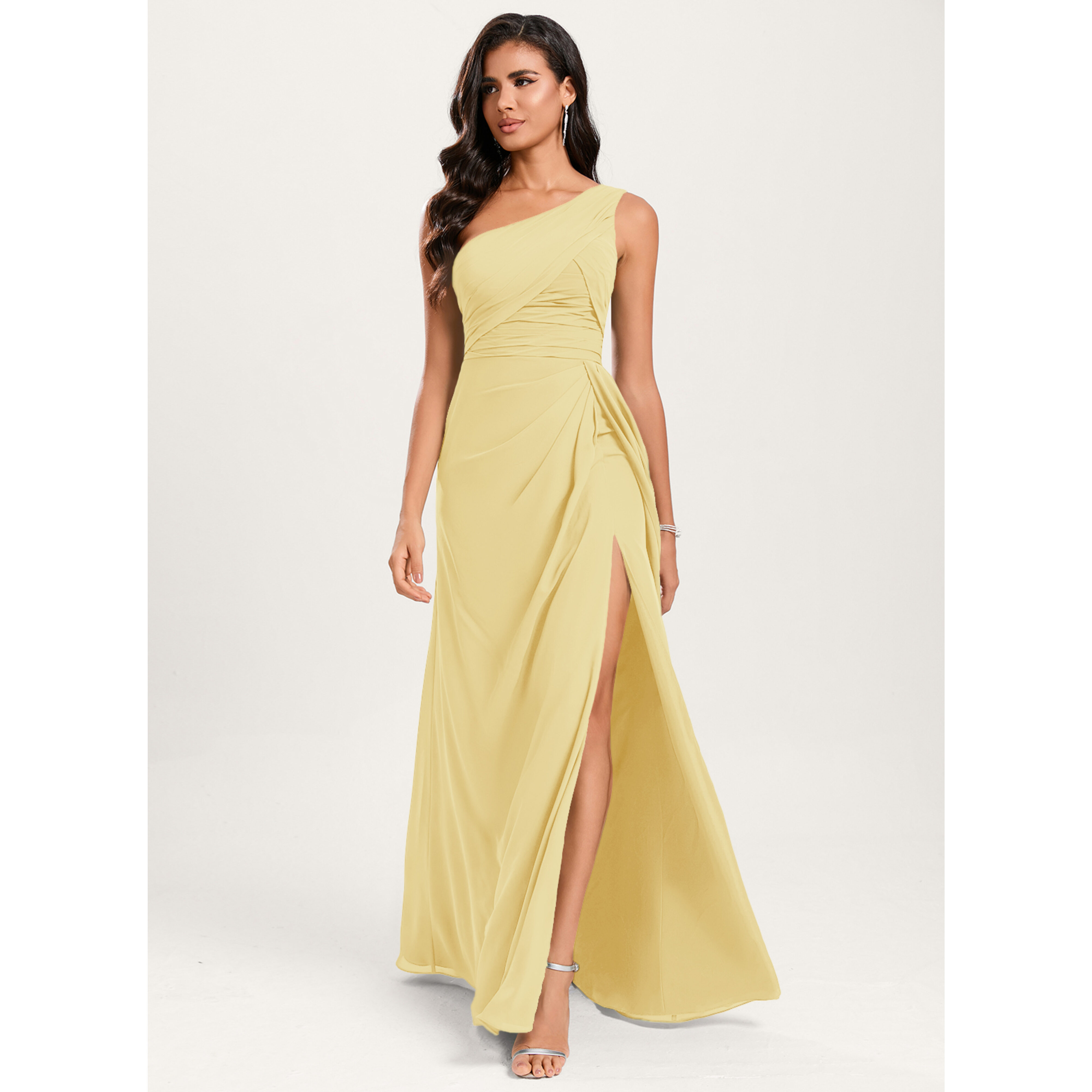 bobbin net one shoulder flange bridesmaid dress Missacc Stormy Bridesmaid A-Line One-Shoulder Sleeveless Floor-Length Chiffon Bridesmaid Dresses With Flower(s)