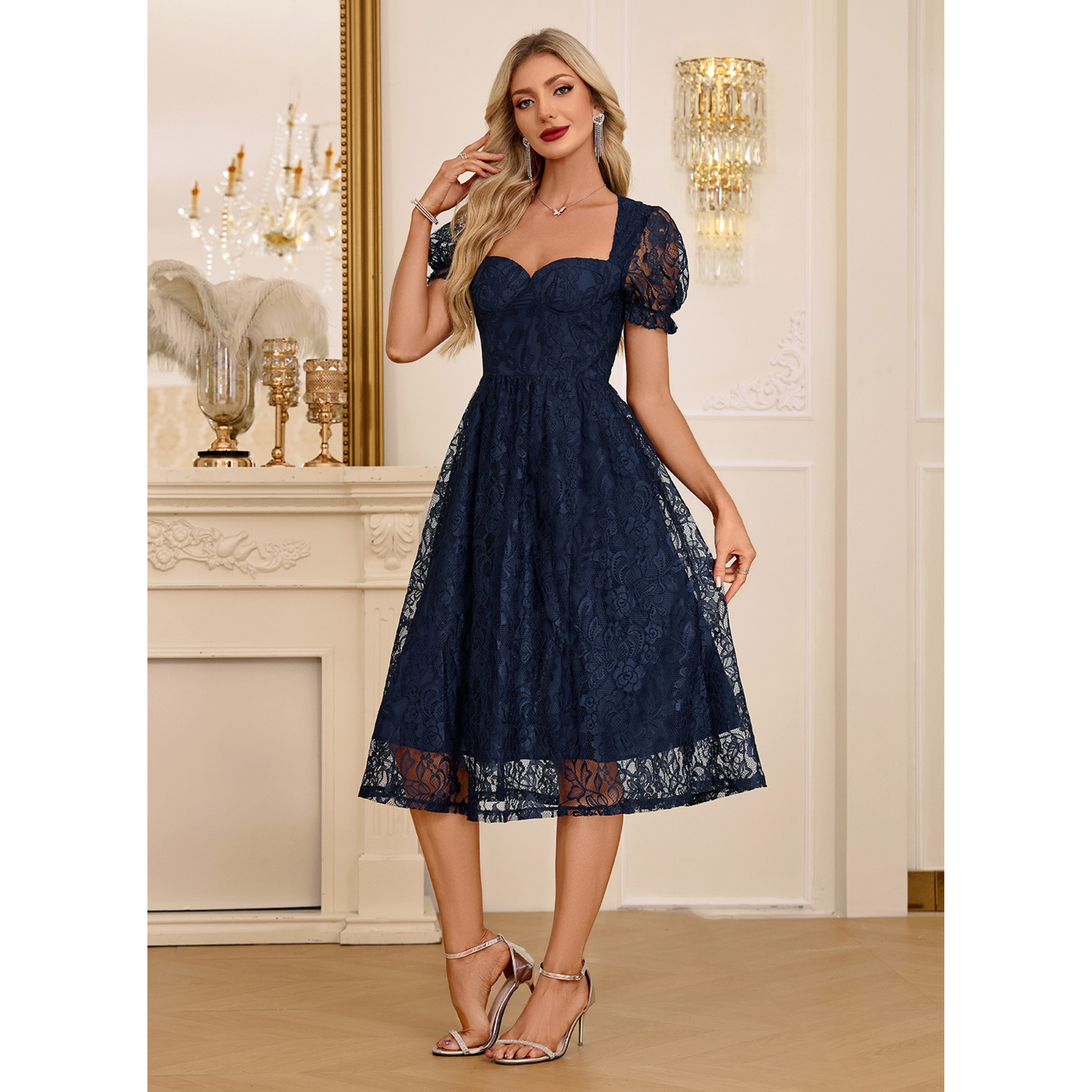 セルフポートレイト 23AW NAVY LACE MIDI DRESS 紺 セルフポートレイト