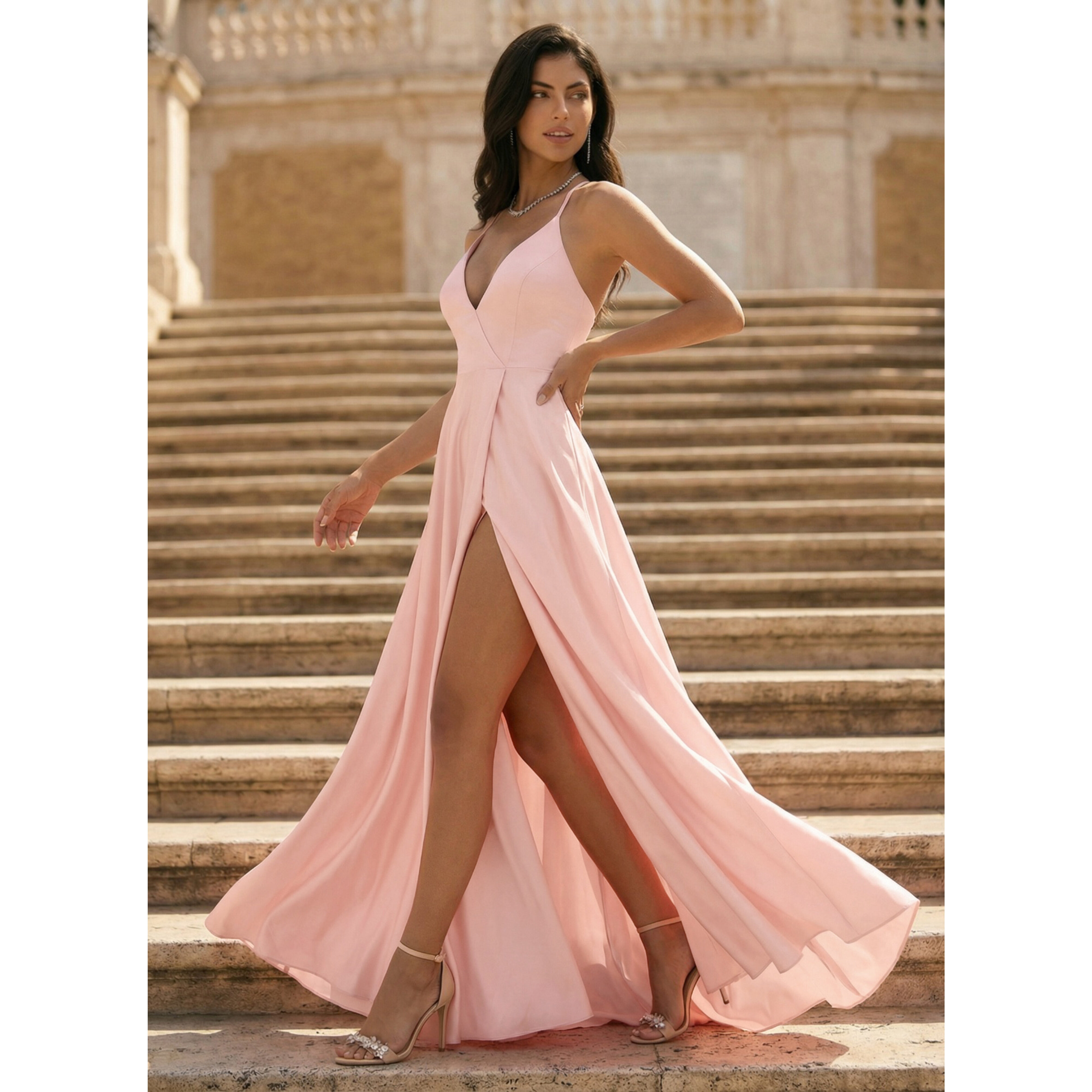 イチゴミルク Jewelドレス Shana A-line V-Neck Spaghetti Straps Satin Prom Dress | JJ's House