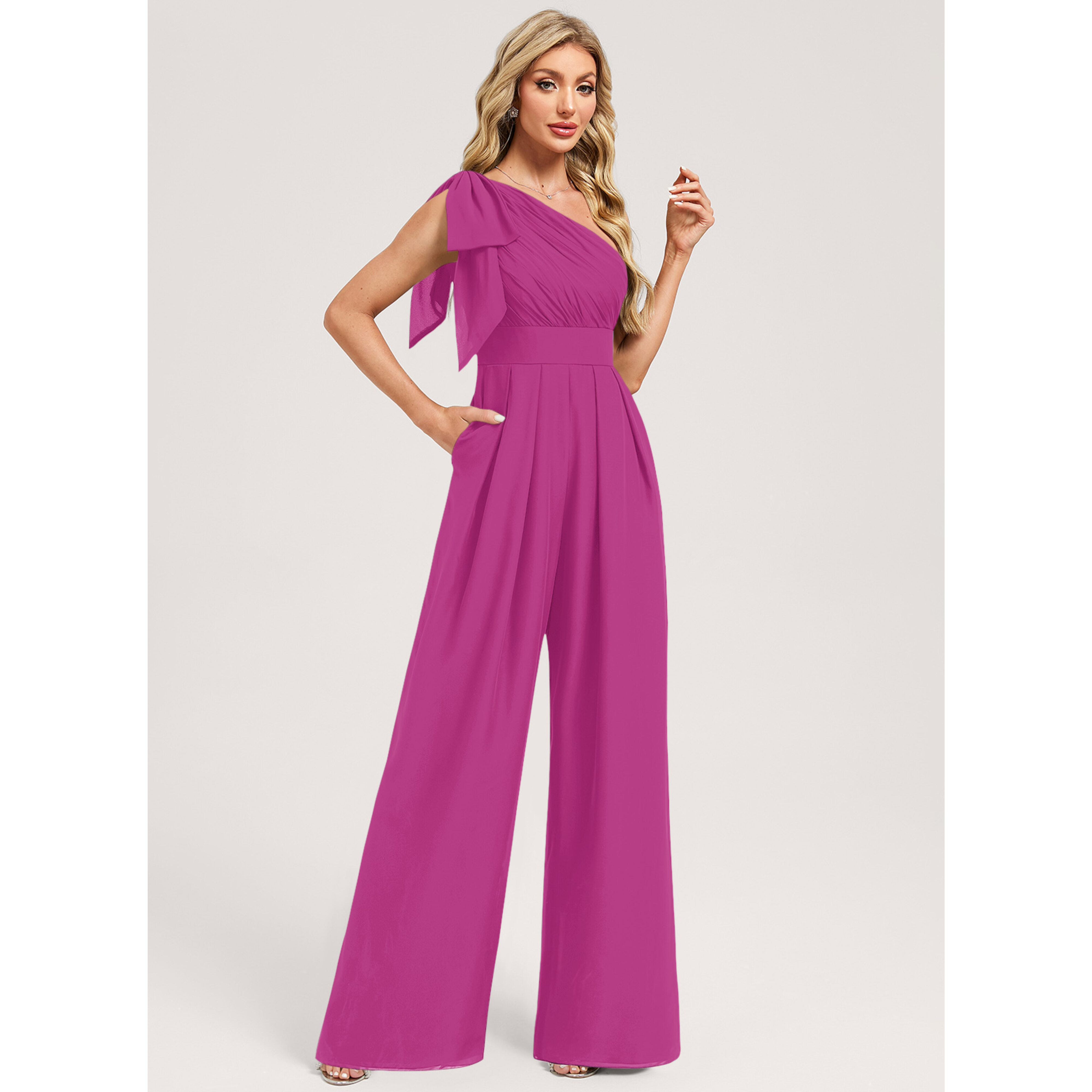 Lachelle One Shoulder Chiffon Bridesmaid Jumpsuit | JJ's House